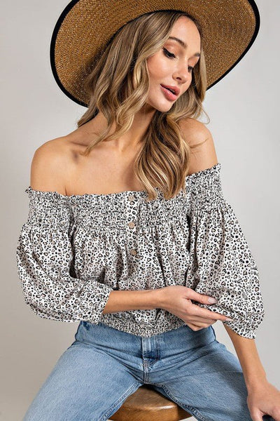 ANIMAL PRINT SMOCKED OFF THE SHOULDER TOP - Bel Air Boutique