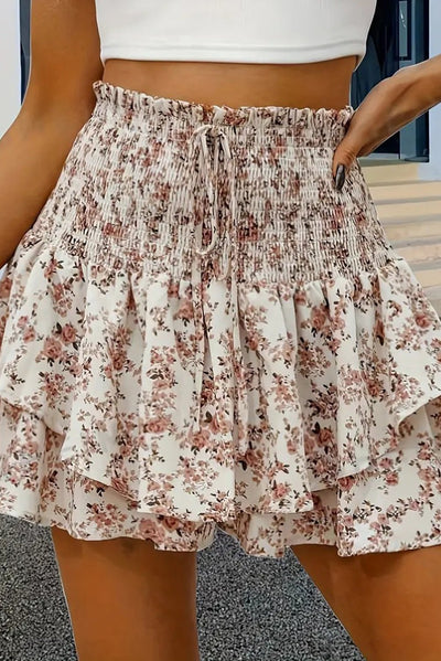 Apricot Floral Printed Drawstring Elastic Waist Layered Skort - Bel Air Boutique