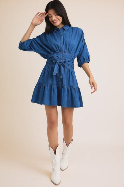 Balloon Tiered Denim Dress - Bel Air Boutique