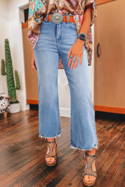 Beau Blue Mineral Wash Raw Hem High Waist Flared Jeans - Bel Air Boutique