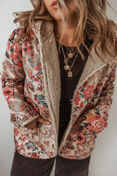 Beige Vintage Paisley Floral Printed Sherpa Lined Hooded Jacket - Bel Air Boutique