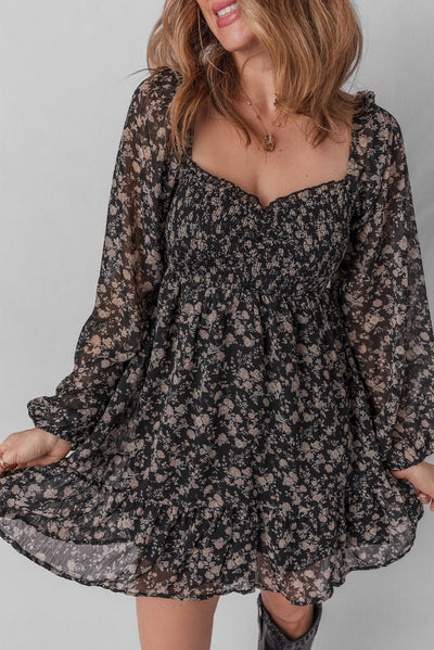 Black Floral Long Sleeve Frilly Shirred Square Neck Mini Dress - Bel Air Boutique