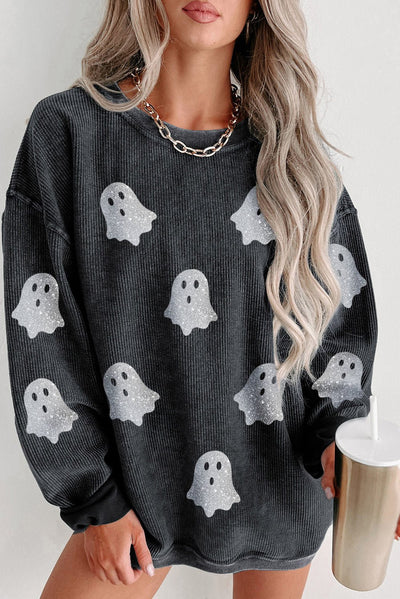 Black Halloween Ghost Corded Crew Neck Loose Sweatshirt - Bel Air Boutique
