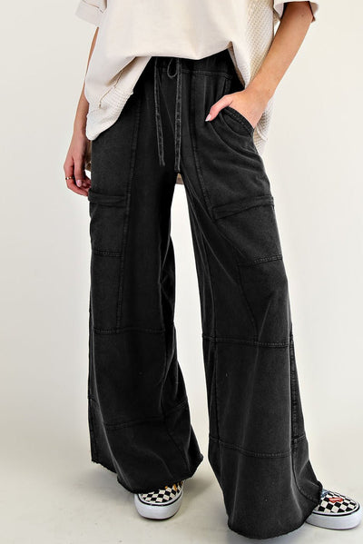 Black Mineral Wash Exposed Seam Wide Leg Cargo Pants - Bel Air Boutique