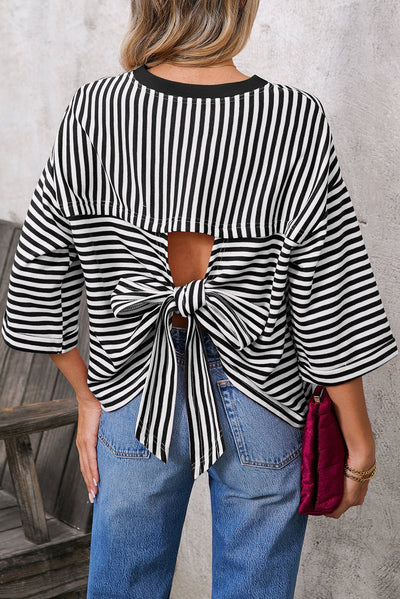 Black Stripe Bowknot Backless T-Shirt - Bel Air Boutique