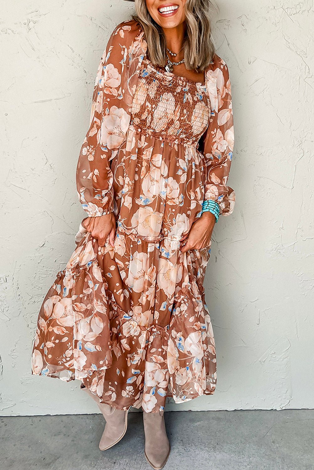 Brown Floral Print Shirred Square Neck High Waist Maxi Dress Brown / S / 100%Polyester