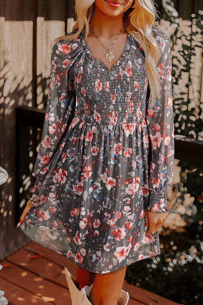 Brown Frilly Smocked Bodice Floral Mesh Long Sleeve Mini Dress - Bel Air Boutique