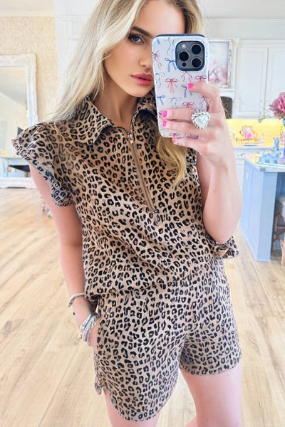 Brown Leopard Half Zipper Collared Ruffle Sleeve Top and Shorts Set - Bel Air Boutique