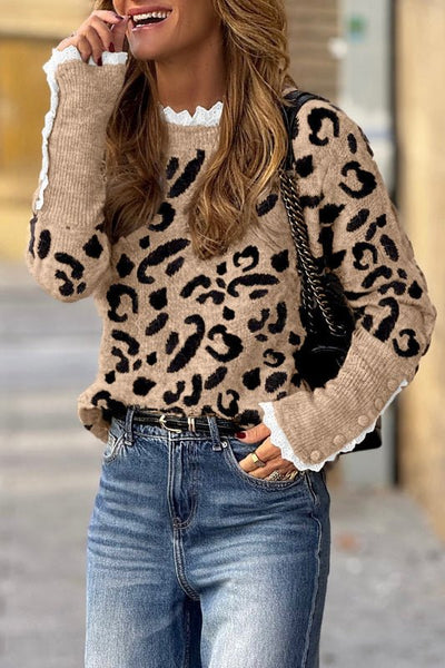 Brown Leopard Pattern Lace Trim Ribbed Detail Button Cuffed Sweater - Bel Air Boutique
