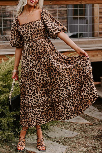 Brown Leopard Print Puff Sleeve Ricrac Maxi Dress - Bel Air Boutique