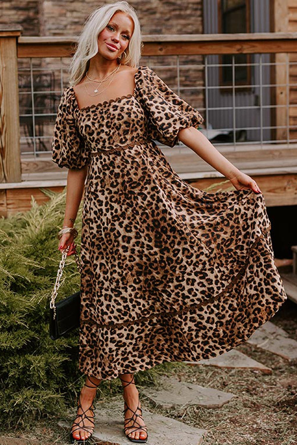 Brown Leopard Print Puff Sleeve Ricrac Maxi Dress - Bel Air Boutique