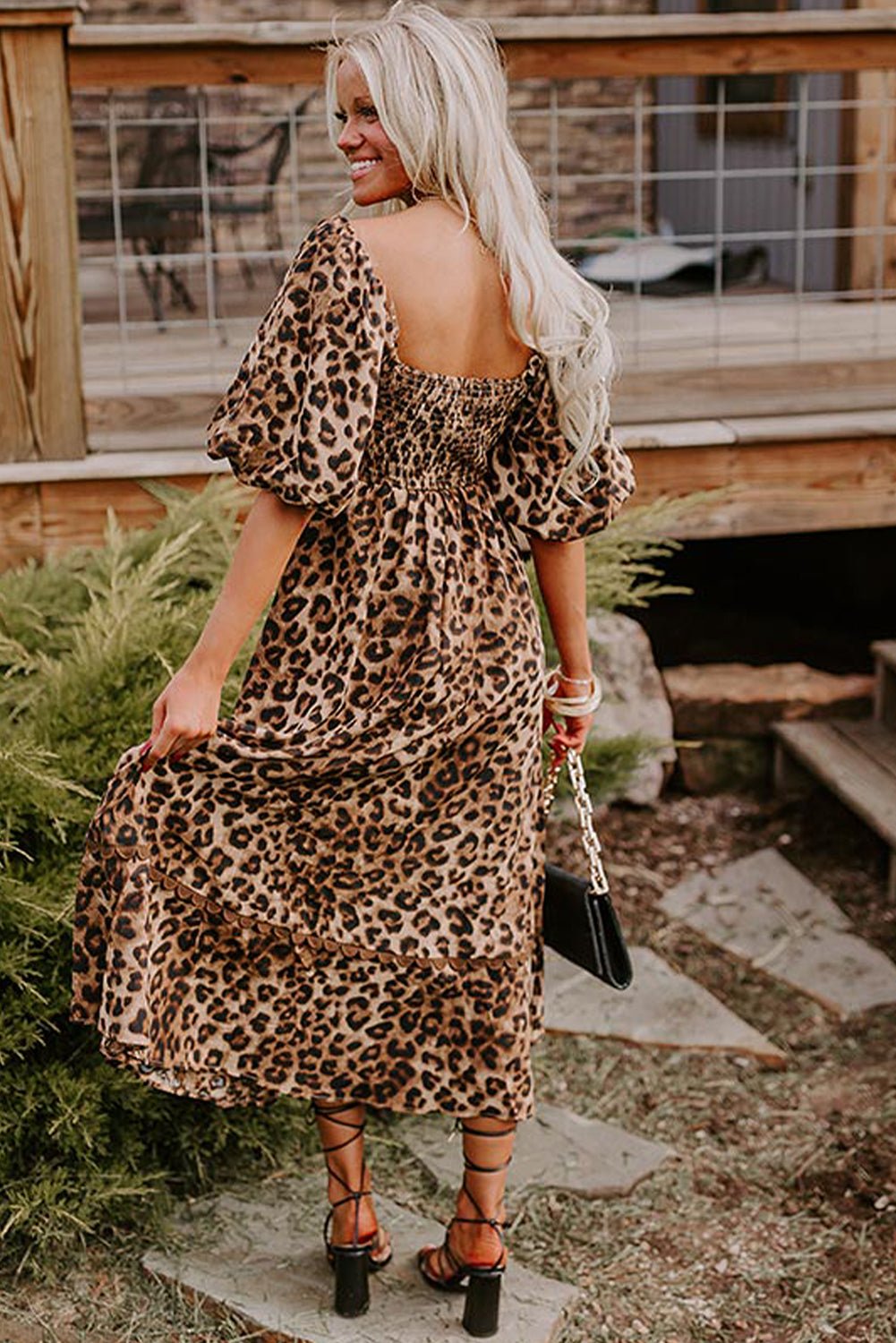 leopard print off the shoulder dress Brown Leopard Print Puff Sleeve Ricrac Maxi Dress Brown / L
