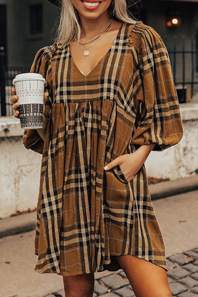 Brown Plaid Pattern Empire Waist Babydoll Dress - Bel Air Boutique