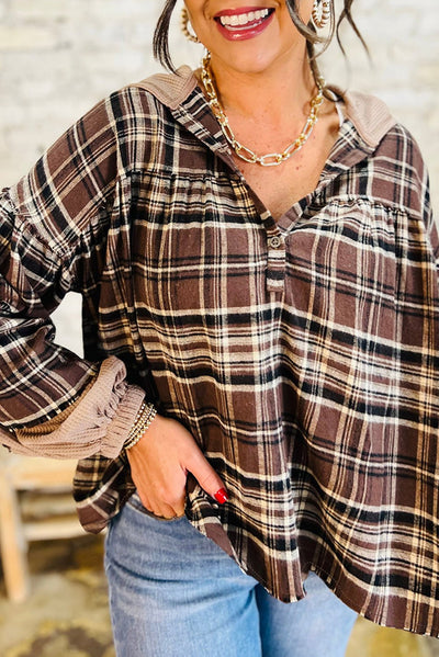 Brown Plaid Waffle Patchwork Long Sleeve Henley Hooded Top - Bel Air Boutique