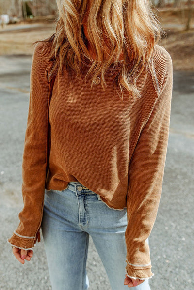 Brown Textured Crewneck Long Sleeve Top - Bel Air Boutique