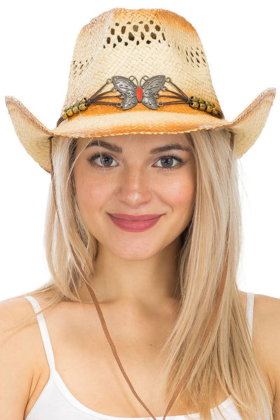 Butterfly Emblem Waxed String Belt Straw Cowboy Hat - Bel Air Boutique
