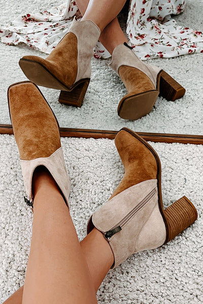 Camel Two Tone Faux Suede Square Toe Chunky Heel Boots - Bel Air Boutique