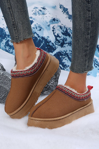 Chestnut Suede Contrast Print Round Toe Plush Lined Flats - Bel Air Boutique
