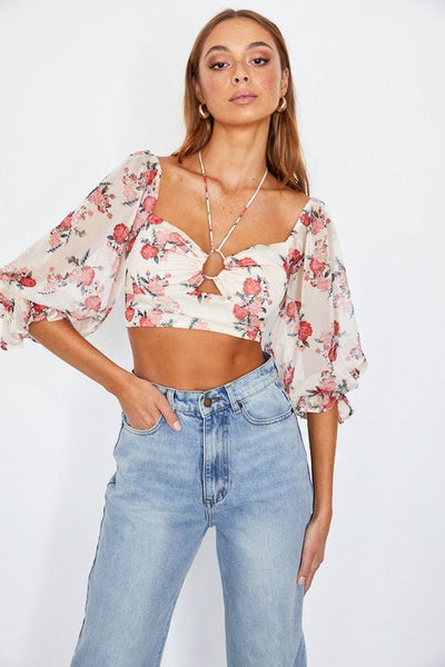 Chiffon Balloon Sleeved Bustier Crop Top - Bel Air Boutique