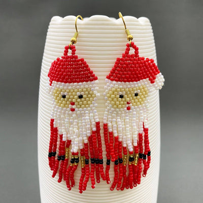 Christmas Santa Claus Pattern Seed Beads Fringe Earrings - SB - Bel Air Boutique