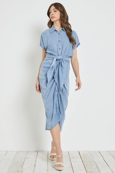 Daphne Denim Rusched Tied Waist dress - Bel Air Boutique