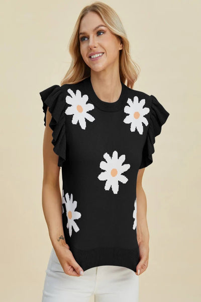 Double Take Full Size Ruffled Flower Round Neck Cap Sleeve Sweater - Bel Air Boutique