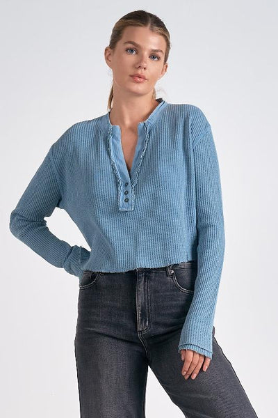 Elan Blue Wash Waffle Top - Bel Air Boutique