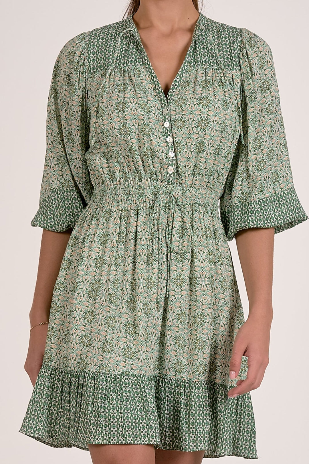 green boho mini dress Green Boho Floral Mini Dress Wrap Style V-Neck A-Line Summer Dress