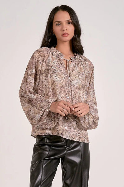 Elan Flowy Balloon Sleeve Snakeskin Top - Bel Air Boutique