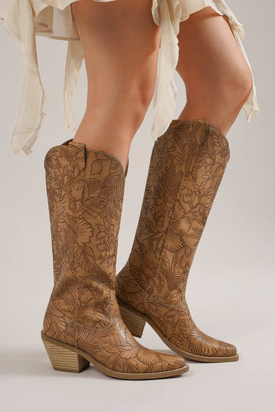 Emily Embossed Floral Point Toe Block Heel Boots - Bel Air Boutique