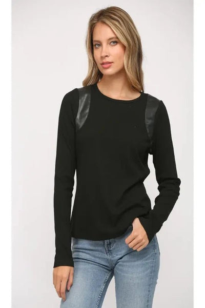 Fiesty Faux Leather Shoulder Trim Top - Bel Air Boutique