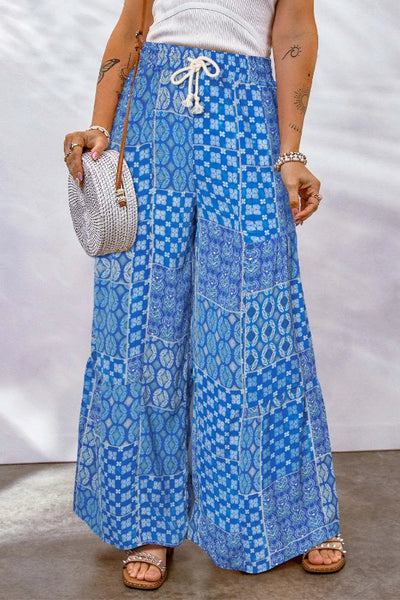 Full Size Drawstring Printed Wide Leg Pants - Bel Air Boutique