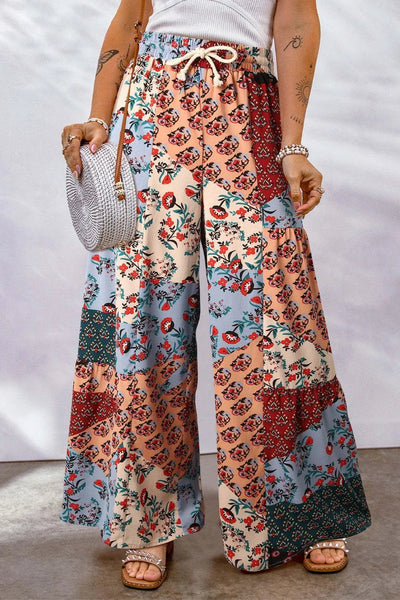 Full Size Drawstring Printed Wide Leg Pants - Bel Air Boutique
