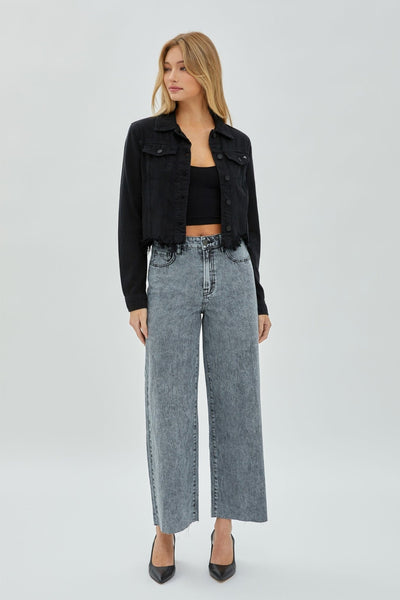 Hidden Cropped Black Denim Jacket - Bel Air Boutique