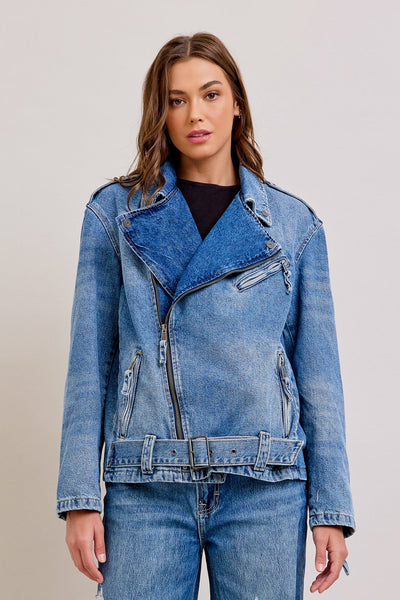 Hidden Relaxed Denim Biker Jacket - Bel Air Boutique