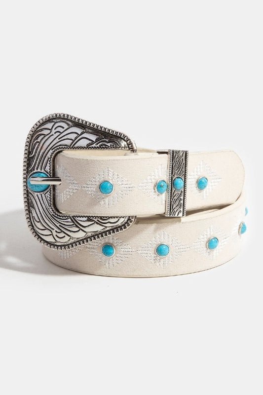 IRO White Belt with Silver and Turquoise Accents Vintage Western White Leather Belt, Boho Hippie Wide Waist  main image 3