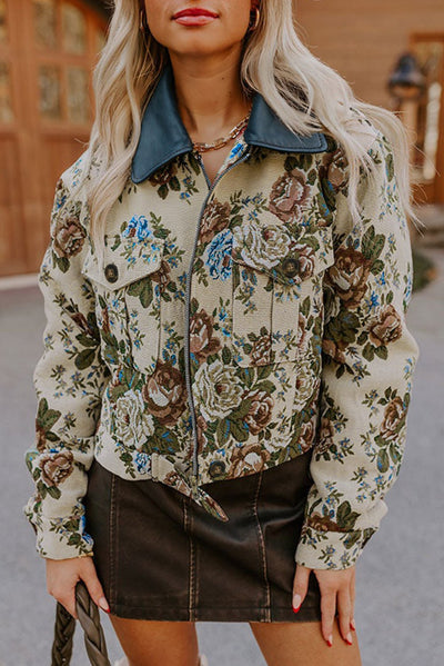 Khaki Floral Print Zip Up Contrast Collared Jacket - Bel Air Boutique