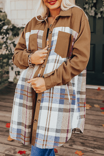 Khaki Plaid Patchwork Long Sleeve Jacket - Bel Air Boutique