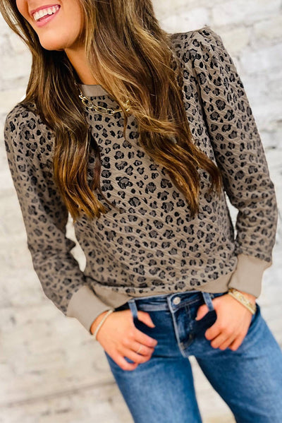 Khaki Ribbed Trim Leopard Print Long Sleeve Top - Bel Air Boutique