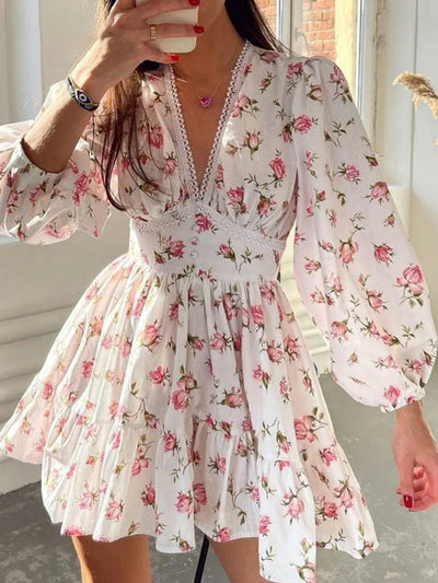 Lace Detail V - Neck Balloon Sleeve Dress - Bel Air Boutique