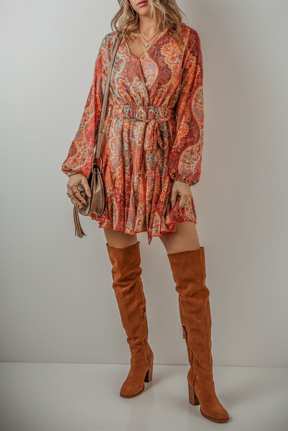 long sleeve boho mini dress Orange Boho Paisley Print Long Sleeve Pleated Tie Waist Mini Dress Orange / L / 100%Polyester