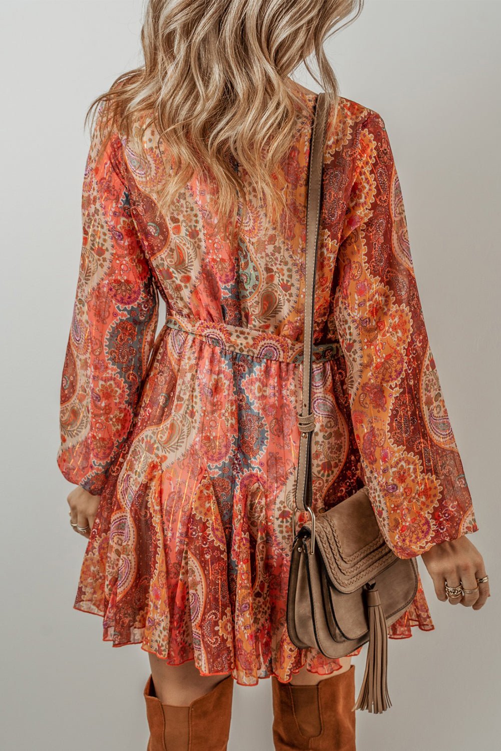 bel air mini dress Orange Boho Paisley Print Long Sleeve Pleated Tie Waist Mini Dress Orange / L / 100%Polyester