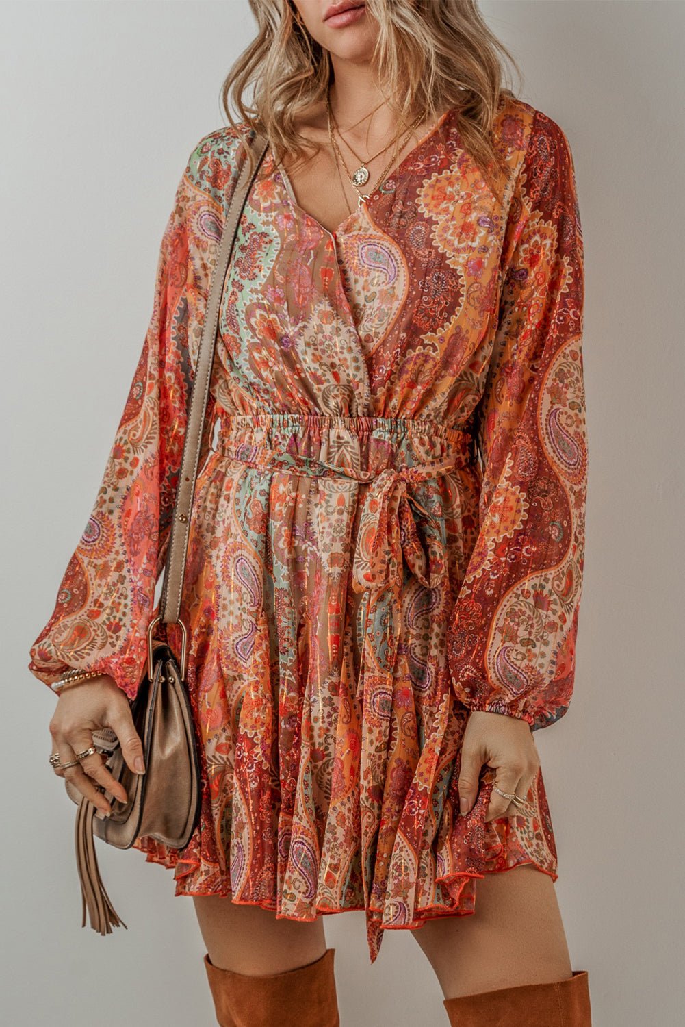 Orange Boho Paisley Print Long Sleeve Pleated Tie Waist Mini Dress Orange / L / 100%Polyester