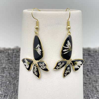 PDF - Genuine White Dried Flowers Black Butterfly Earrings - Bel Air Boutique