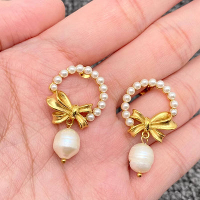 Pearl Charm 18K Gold Plated Stainless Steel Bow Earring - FGS - Bel Air Boutique