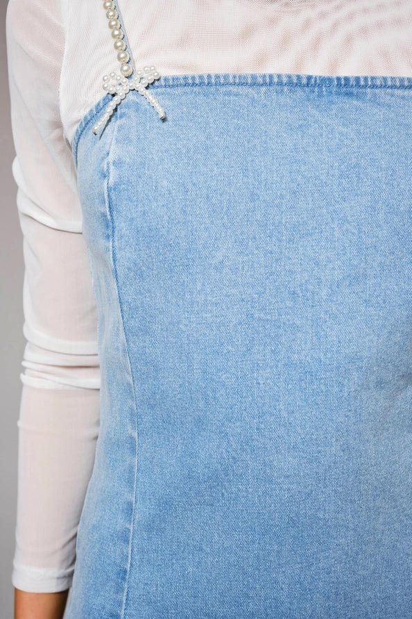 Ally Pearl Strap Stretch Denim Mini Denim Dress Large