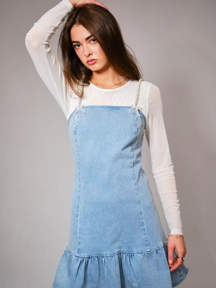 Ally Pearl Strap Stretch Denim Mini Denim Dress Large