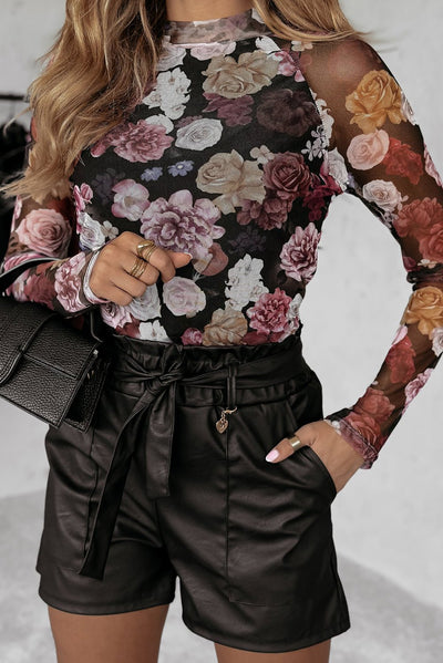 Pink Mesh Floral Print Long Sleeve Slim Top - Bel Air Boutique