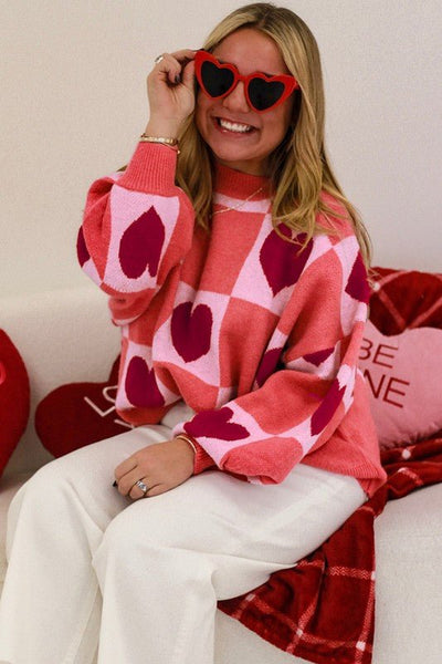 Pink Plus Size Love Heart Block Valentine Sweater - Bel Air Boutique