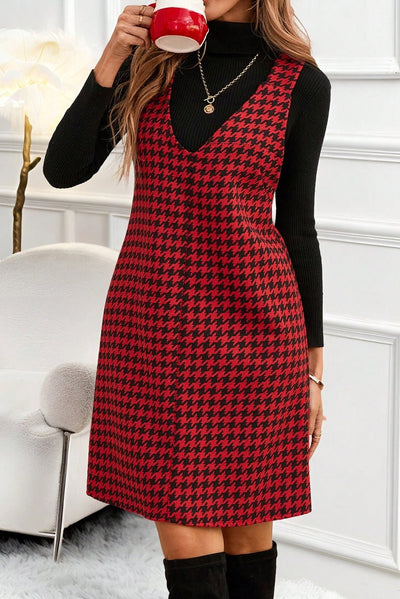 Red Houndstooth Print V Neck Sleeveless Mini Dress - Bel Air Boutique